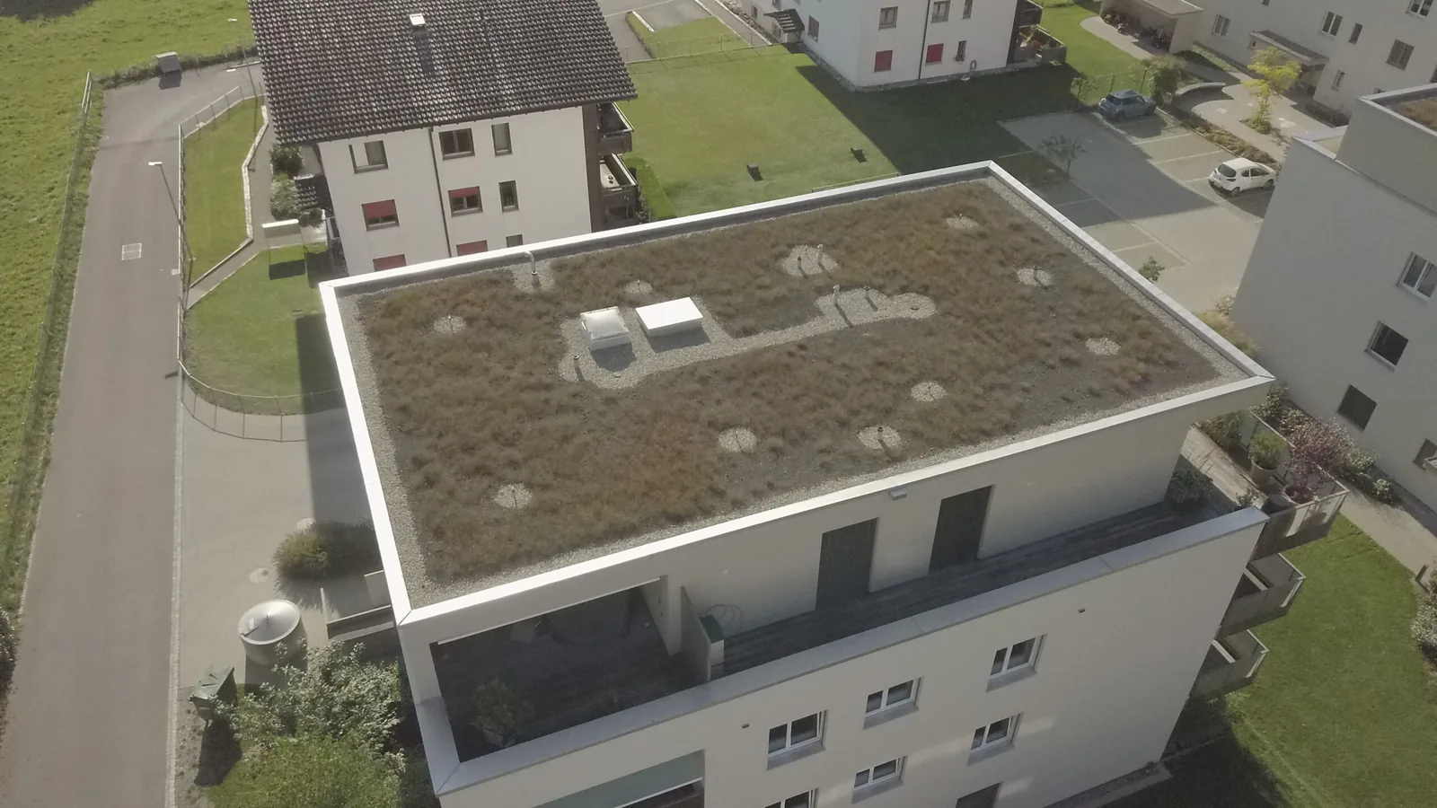 Begrüntes Flachdach aus der Luft